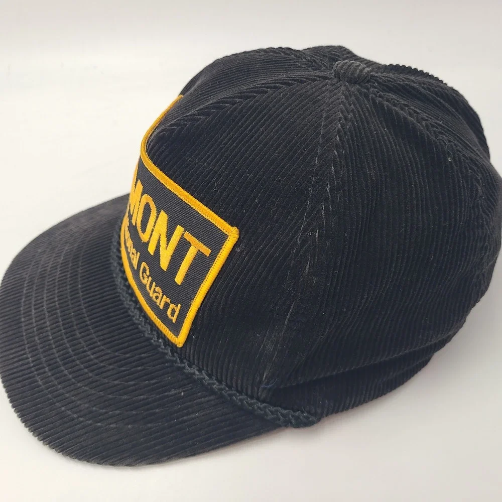 Vintage Vermont Army National Guard Hat Snapback Black Yellow Rope Corduroy Men